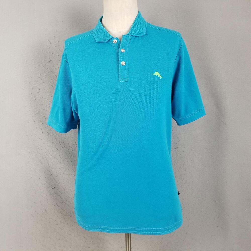 Tommy Bahama Polo Shirt Mens Large Blue Turquoise Marlin Logo‎ Golf Casual